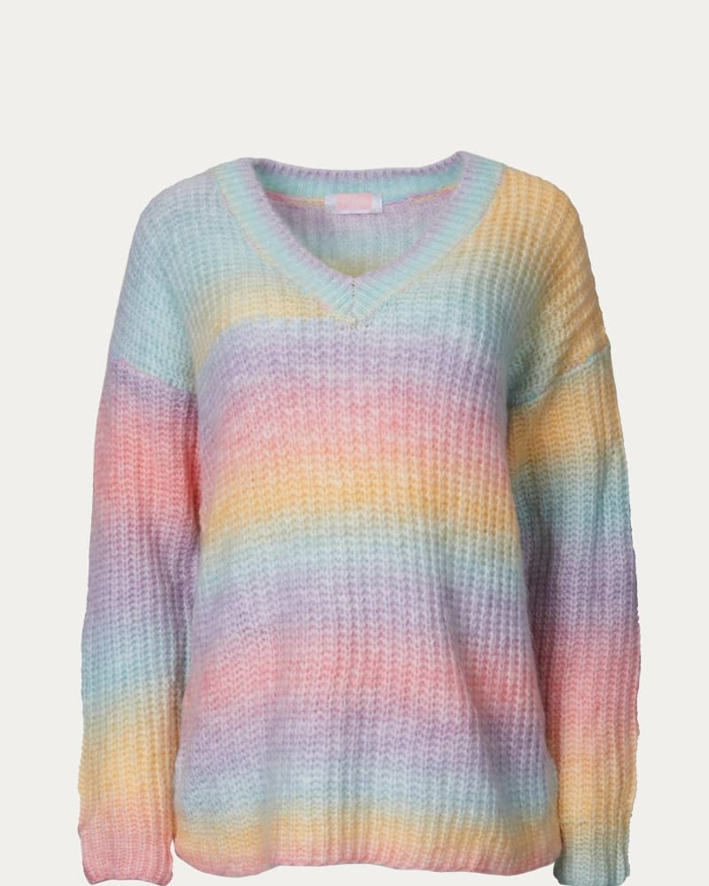 Front of a size XL V-Neck Rainbow Sweater in Blush in Blush by ESLEY COLLECTION. | dia_product_style_image_id:340955